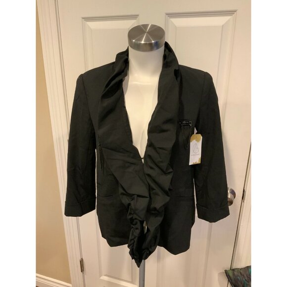 Alice + Olivia Black Wool Ruffle Front Jacket, Size XS - Picture 1 of 8